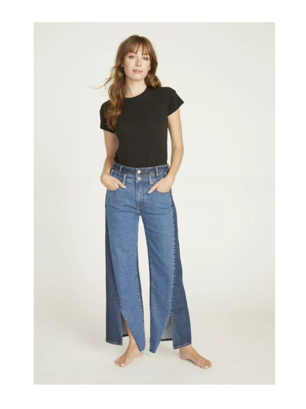 Driftwood Womens Size 26 Cece Double Stacked Jeans Split Hem Blue Denim Two-Tone